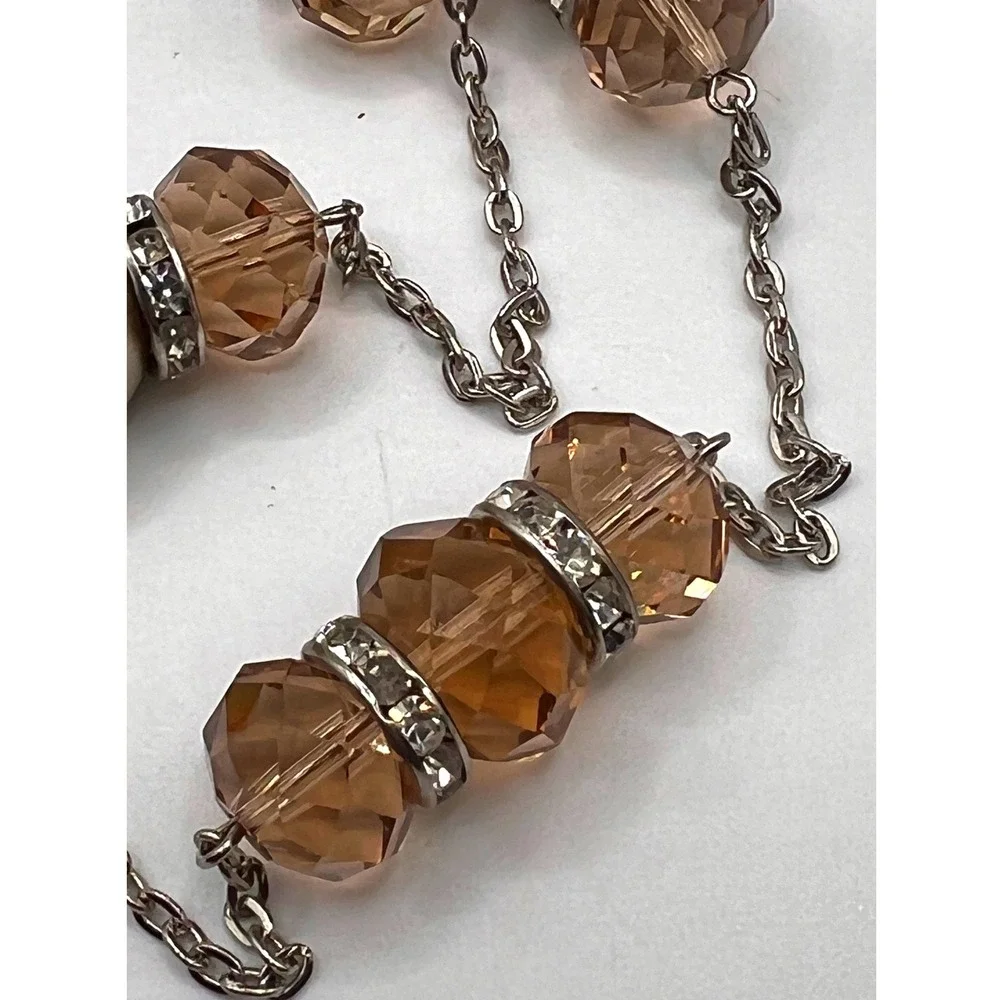 Glamorous‎ Long Champagne Crystal & Faux Pearl Station Necklace Silver Tone 40